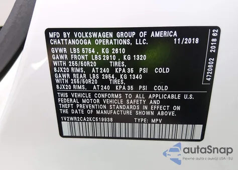 2019 Volkswagen Atlas 3.6L V6 Se W/Technology z USA, uszkodzony, nr VIN 1V2WR2CA2KC519938